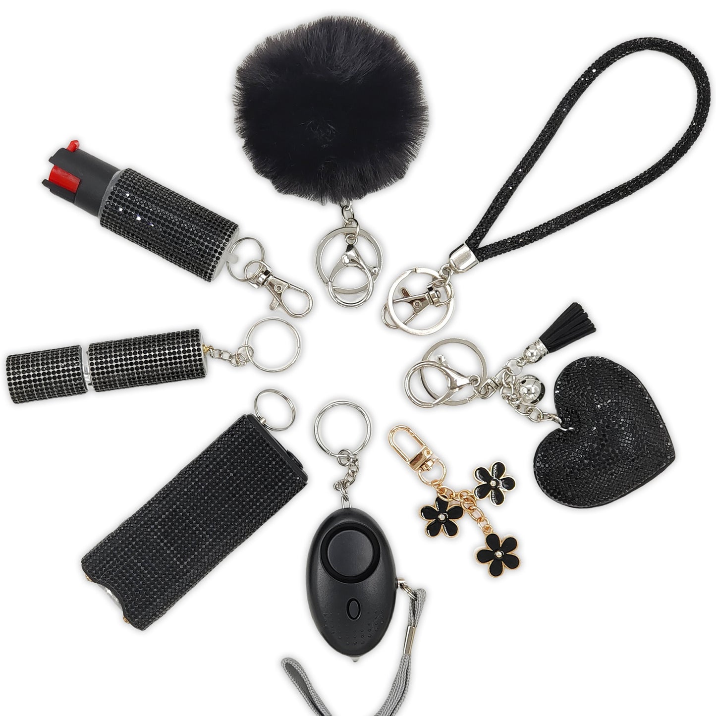 BATUMEYE Gift Keychain Set for Women Including Wrist Strap, Heart Accessory, Petal Decor and Pom Pom Black
