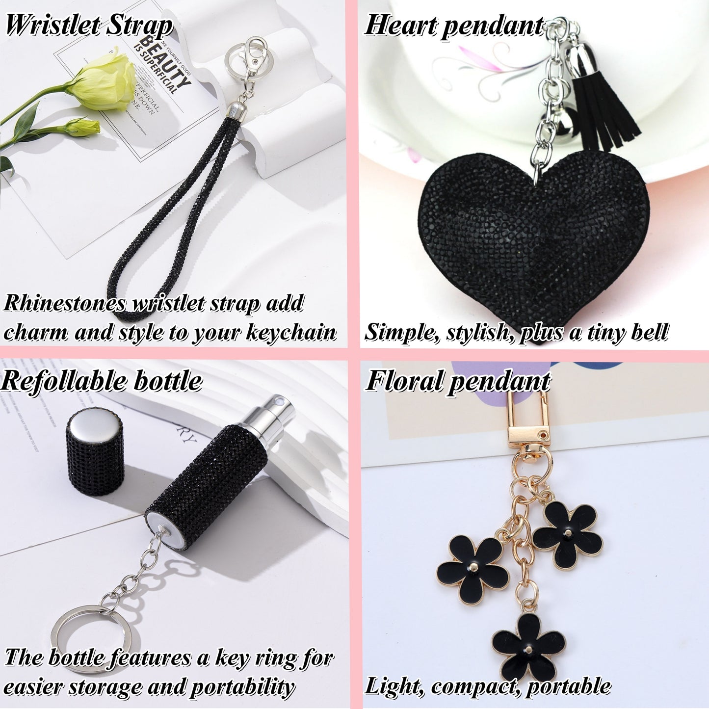 BATUMEYE Gift Keychain Set for Women Including Wrist Strap, Heart Accessory, Petal Decor and Pom Pom Black