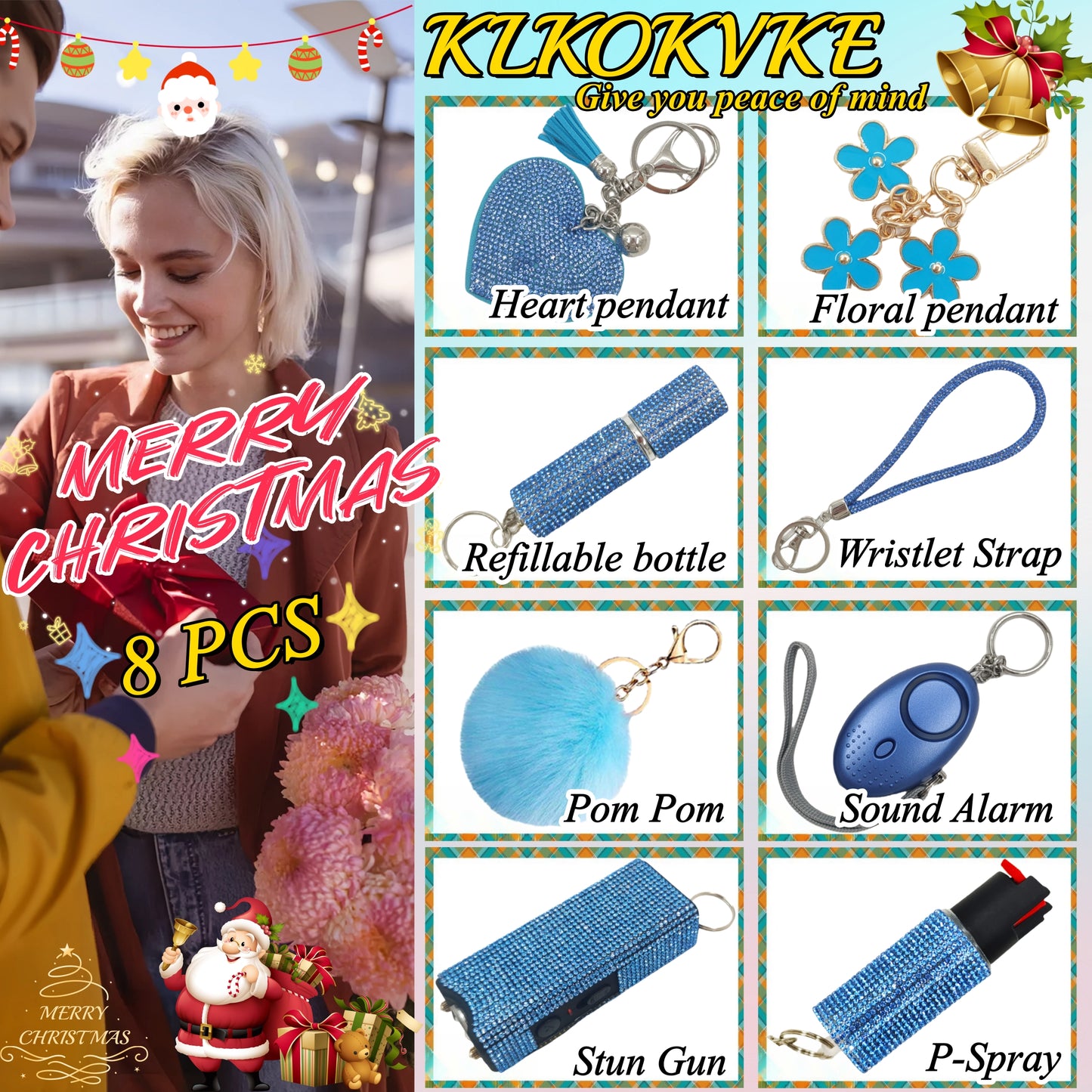 BATUMEYE Gift Keychain Set for Women Including Wrist Strap, Heart Accessory, Petal Decor and Pom Pom Blue