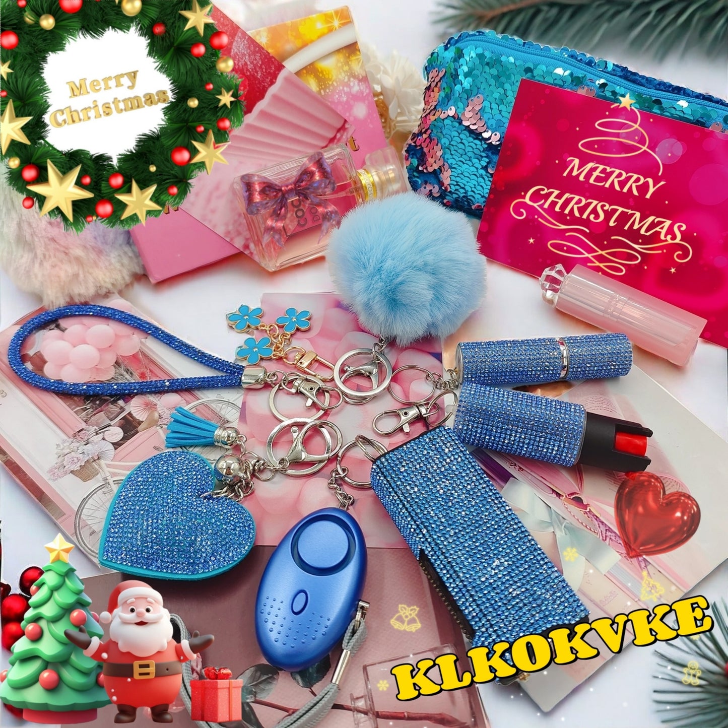 BATUMEYE Gift Keychain Set for Women Including Wrist Strap, Heart Accessory, Petal Decor and Pom Pom Blue