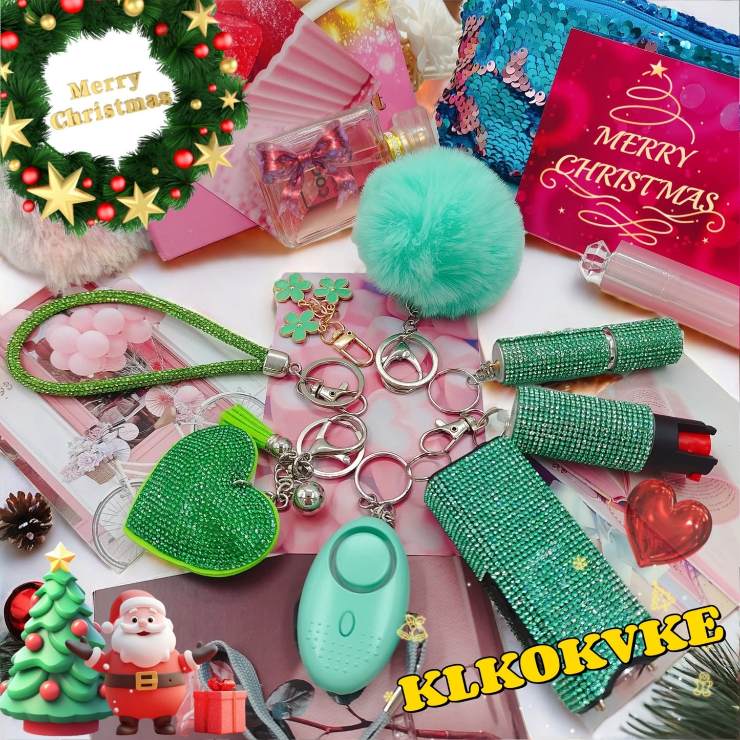 BATUMEYE Gift Keychain Set for Women Including Wrist Strap, Heart Accessory, Petal Decor and Pom Pom Green