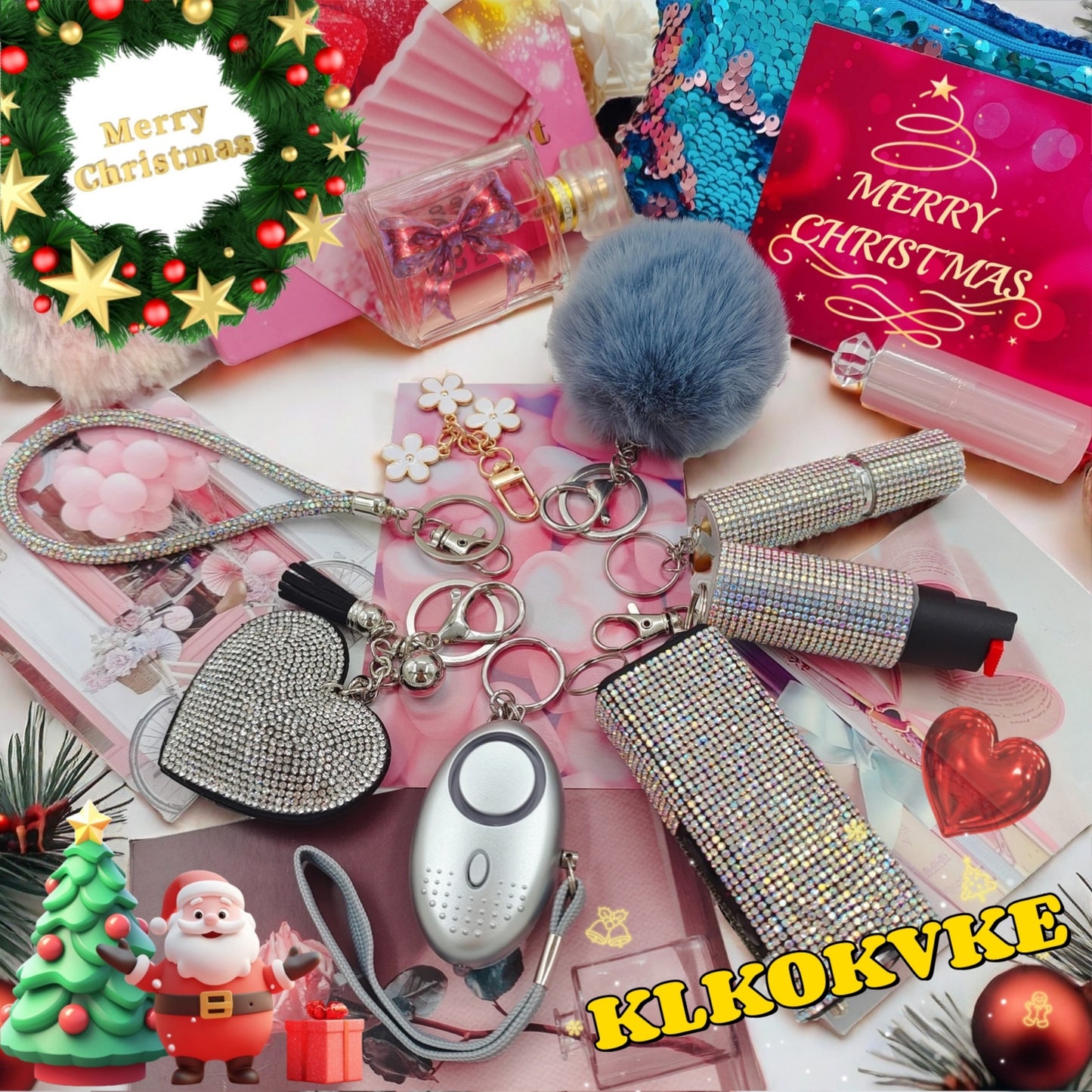 BATUMEYE Gift Keychain Set for Women Including Wrist Strap, Heart Accessory, Petal Decor and Pom Pom Grey