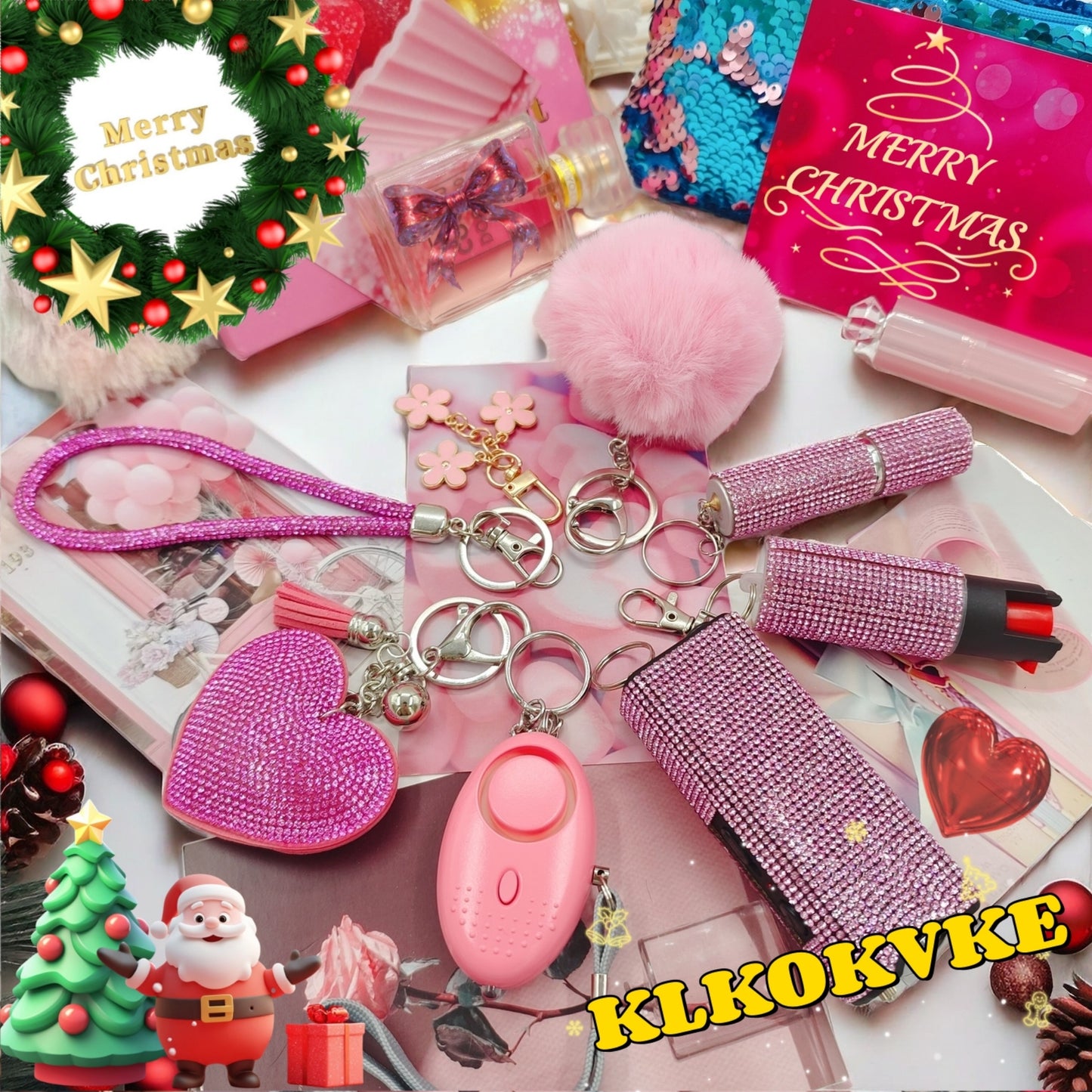 BATUMEYE Gift Keychain Set for Women Including Wrist Strap, Heart Accessory, Petal Decor and Pom Pom Pink