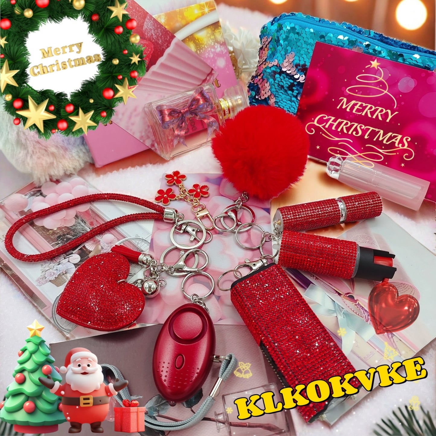 BATUMEYE Gift Keychain Set for Women Including Wrist Strap, Heart Accessory, Petal Decor and Pom Pom Red