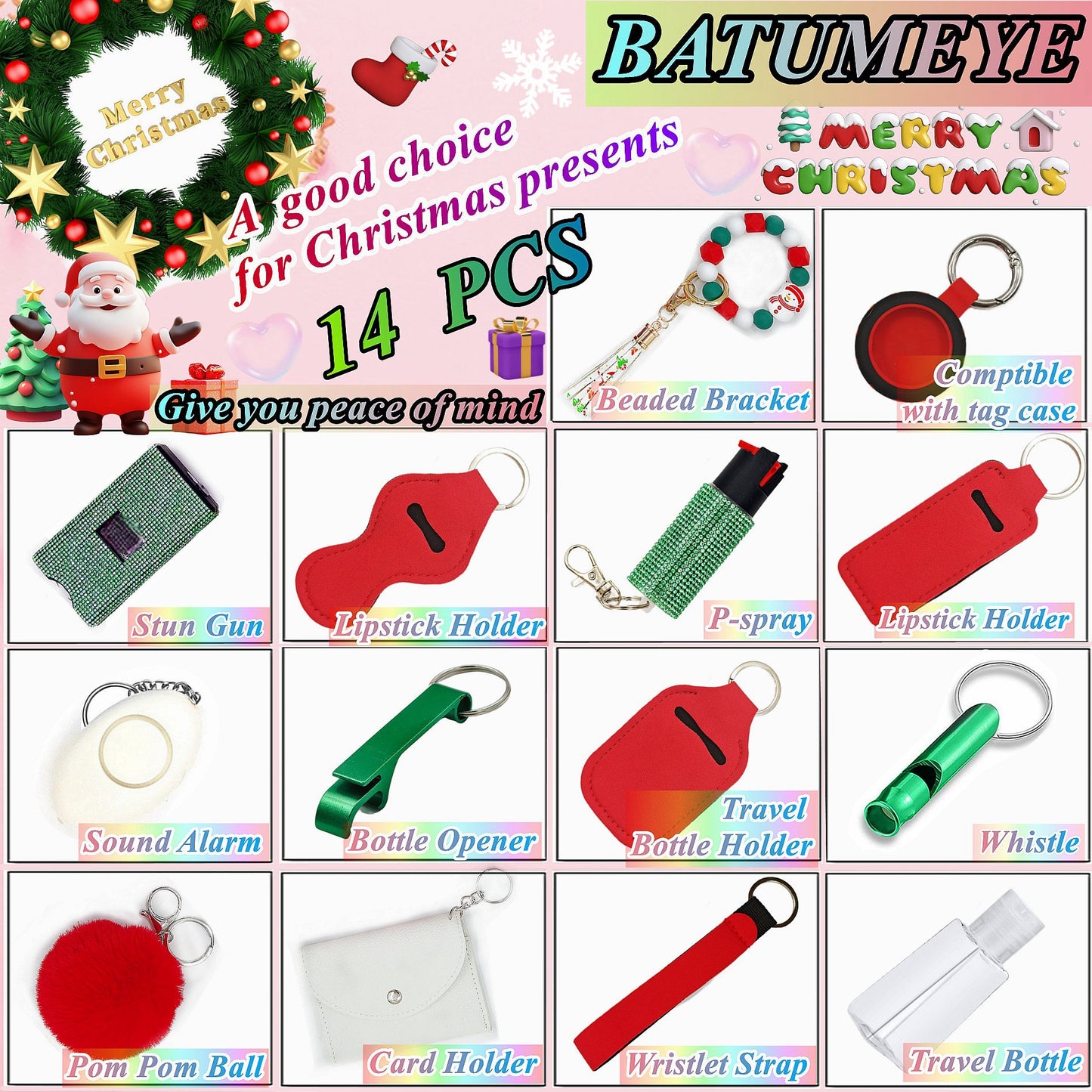 BATUMEYE Gift Set for Woman with Pom Pom Ball, Lip Balm Lanyard, Card Holder, Whistle, Travel Bottle Holder, BottleOpen Dia-Christmas