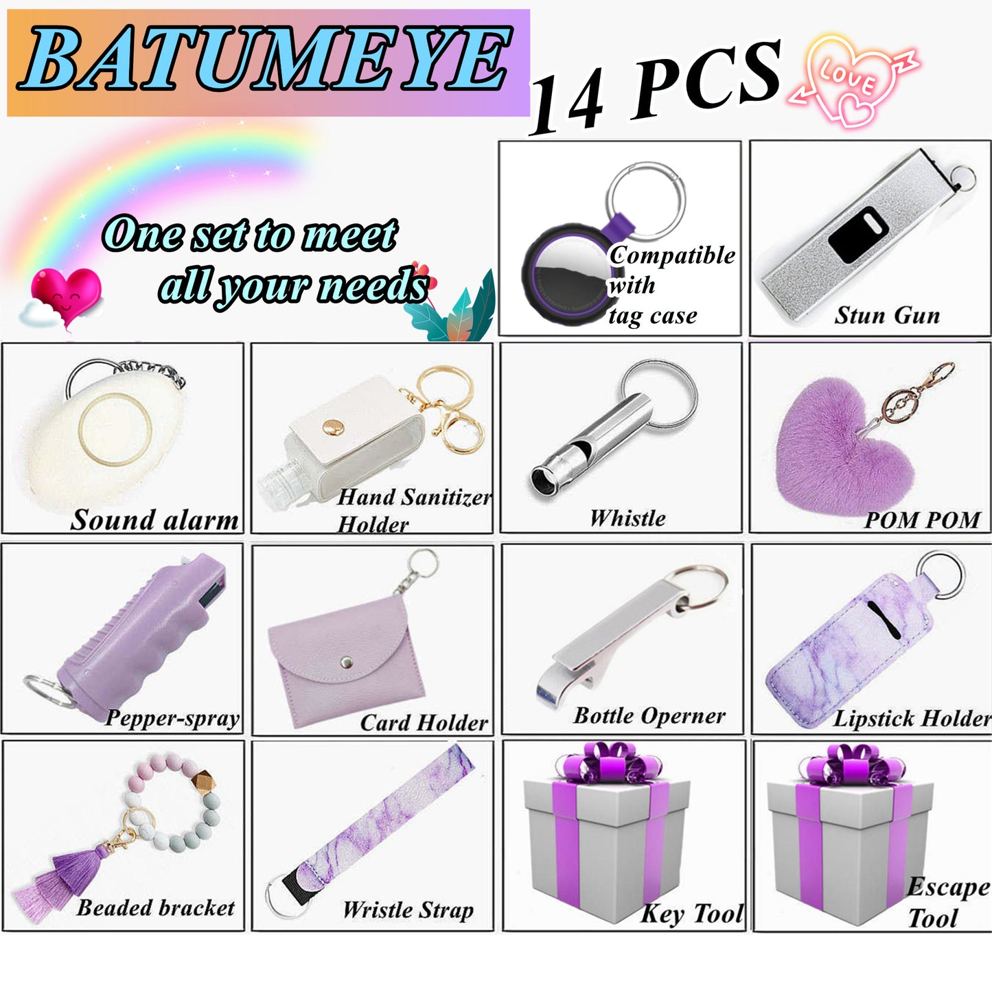 BATUMEYE Gift Set for Woman with Pom Pom Ball, Lip Balm Lanyard, Card Holder, Whistle, Travel Bottle Holder, BottleOpen Purple