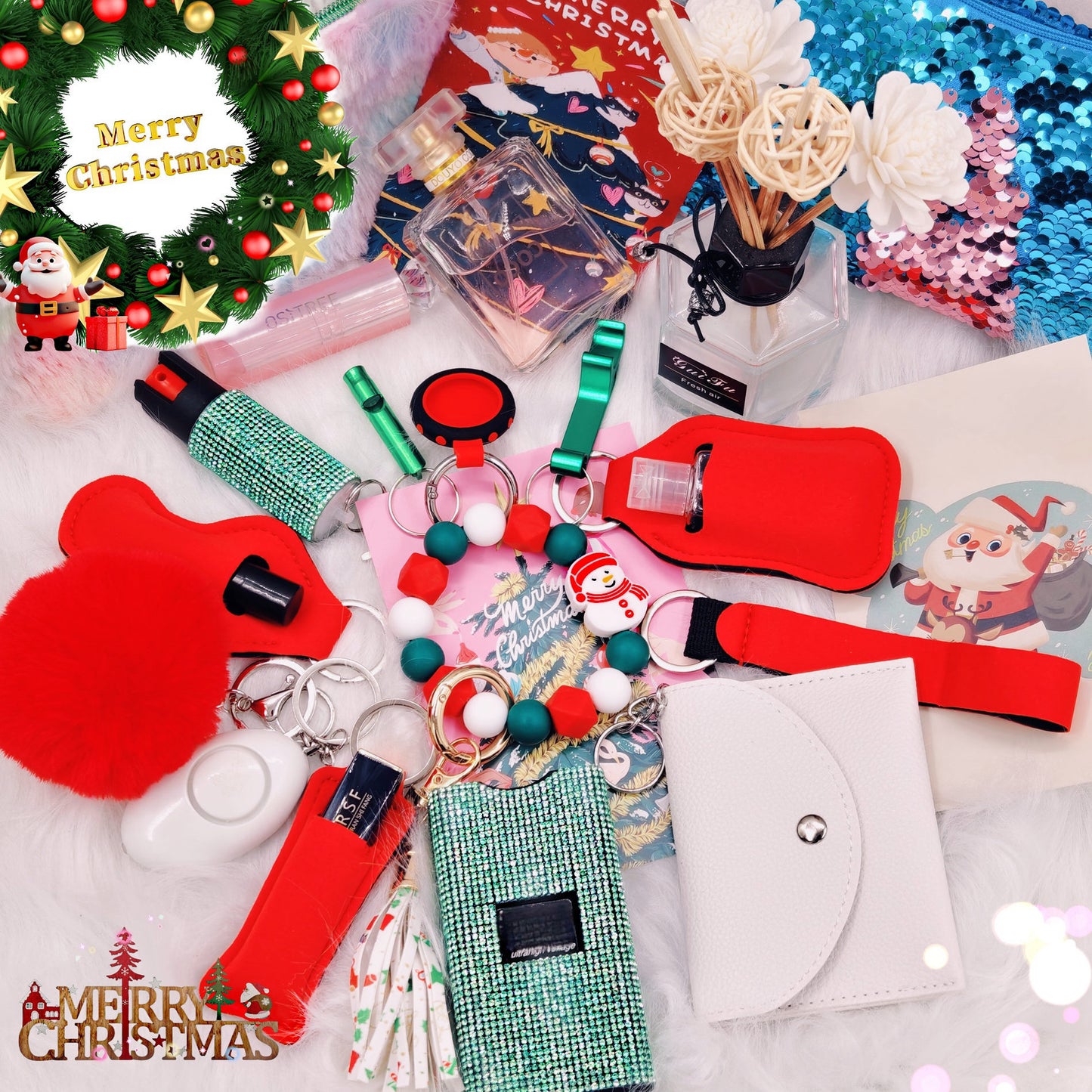BATUMEYE Gift Set for Woman with Pom Pom Ball, Lip Balm Lanyard, Card Holder, Whistle, Travel Bottle Holder, BottleOpen Dia-Christmas