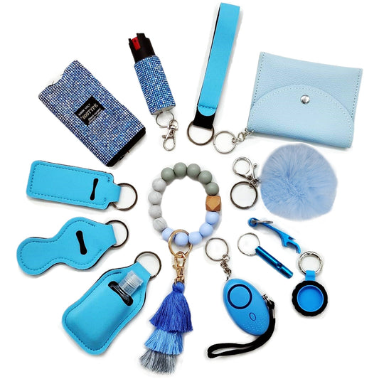 BATUMEYE Gift Set for Woman with Pom Pom Ball, Lip Balm Lanyard, Card Holder, Whistle, Travel Bottle Holder, BottleOpen Dia-Blue