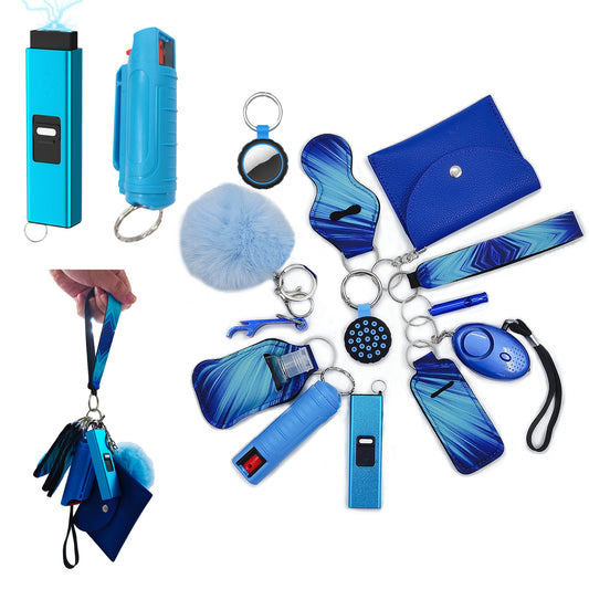 BATUMEYE Gift Set for Woman with Pom Pom Ball, Lip Balm Lanyard, Card Holder, Whistle, Travel Bottle Holder, BottleOpen Linear Blue