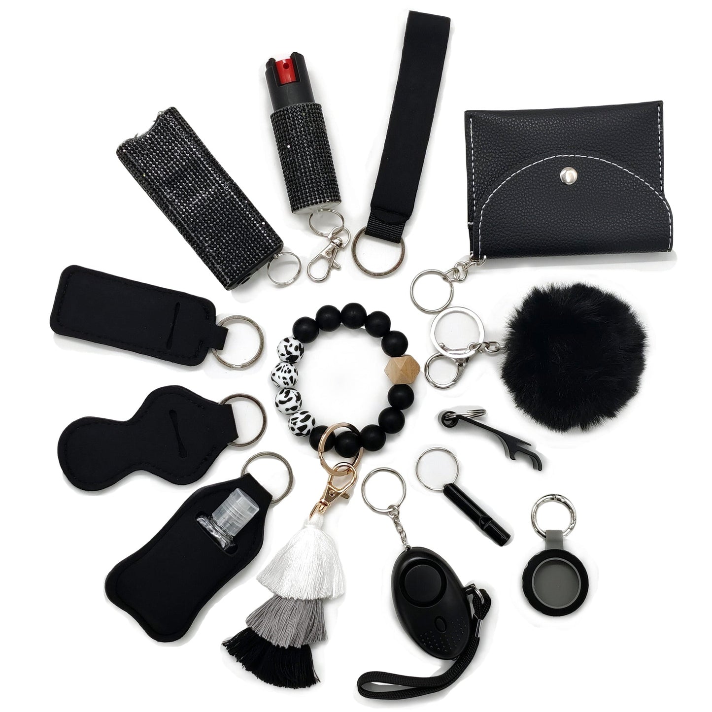 BATUMEYE Gift Set for Woman with Pom Pom Ball, Lip Balm Lanyard, Card Holder, Whistle, Travel Bottle Holder, BottleOpen Dia-Black