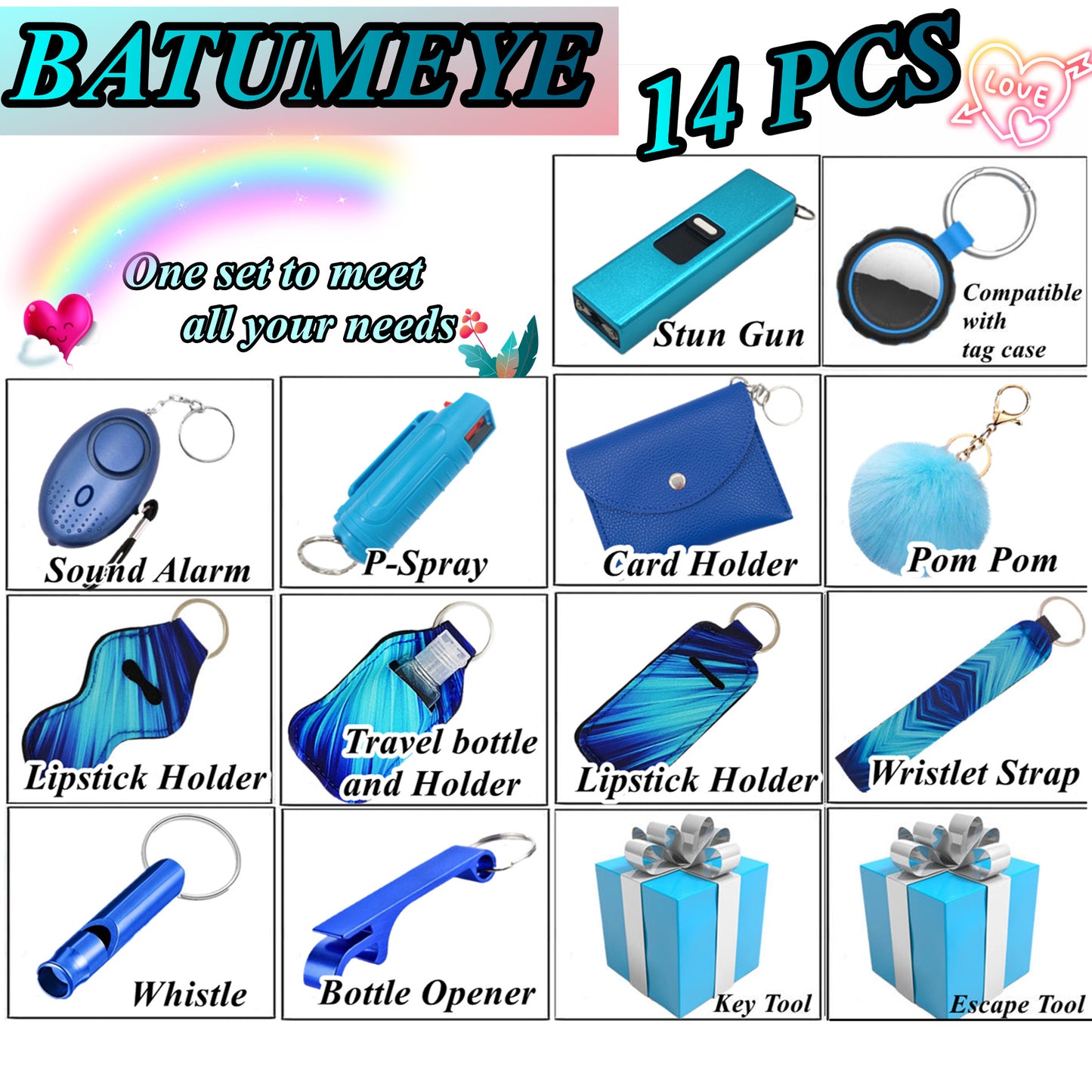 BATUMEYE Gift Set for Woman with Pom Pom Ball, Lip Balm Lanyard, Card Holder, Whistle, Travel Bottle Holder, BottleOpen Linear Blue