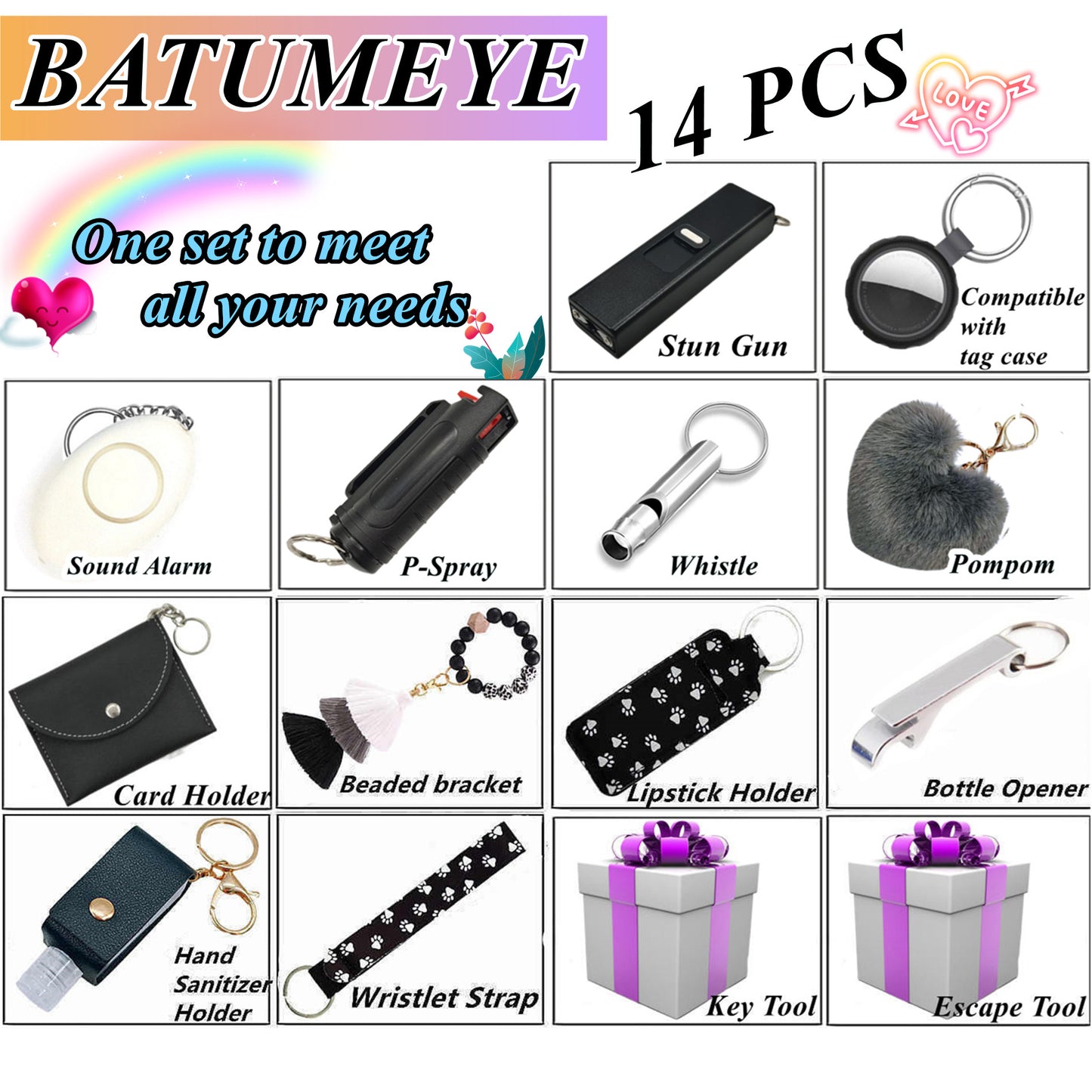 BATUMEYE Gift Set for Woman with Pom Pom Ball, Lip Balm Lanyard, Card Holder, Whistle, Travel Bottle Holder, BottleOpen Dot Black