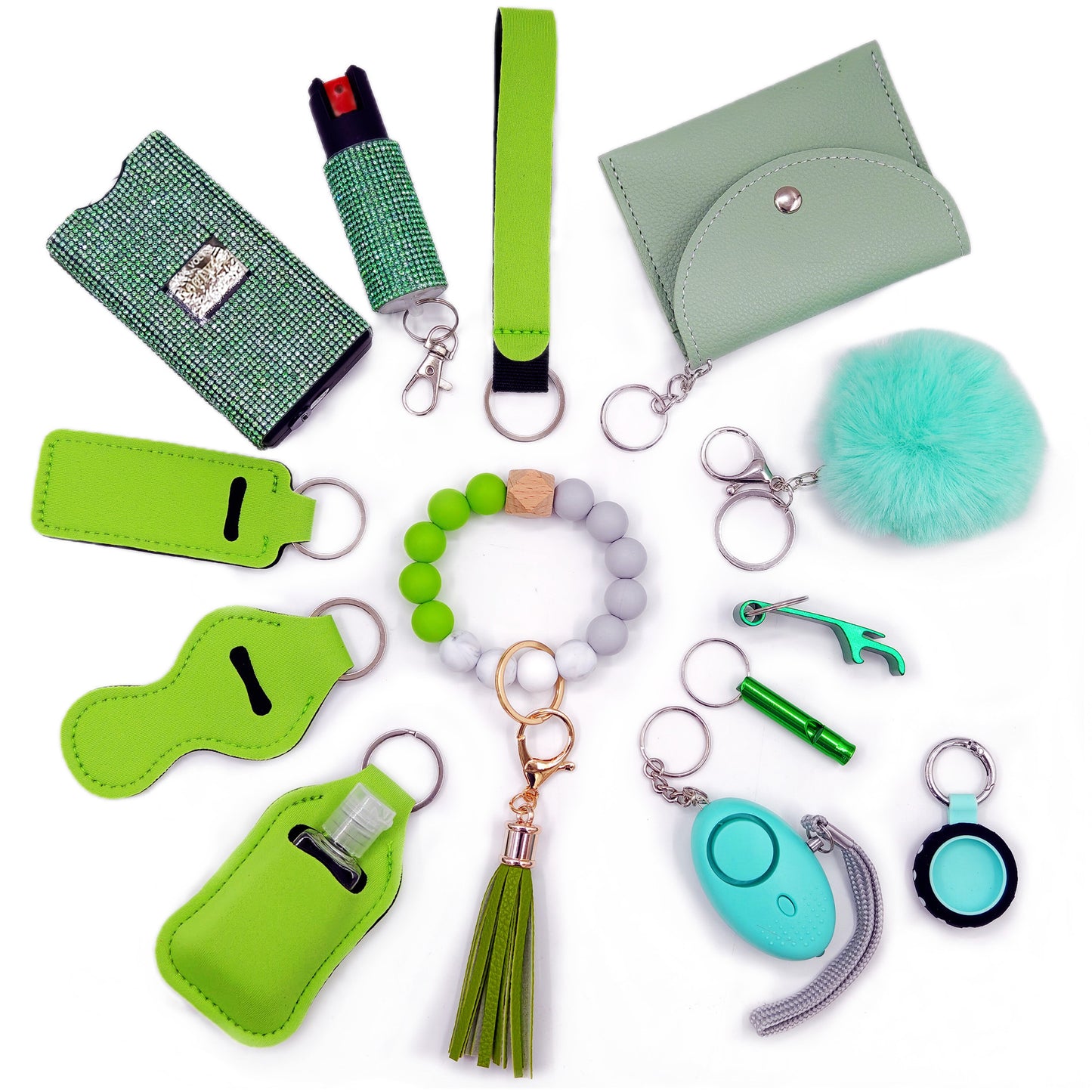 BATUMEYE Gift Set for Woman with Pom Pom Ball, Lip Balm Lanyard, Card Holder, Whistle, Travel Bottle Holder, BottleOpen Dia-Green