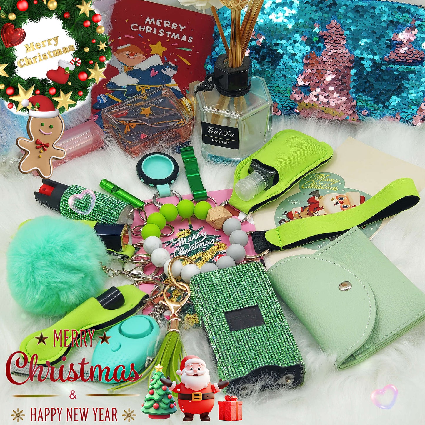 BATUMEYE Gift Set for Woman with Pom Pom Ball, Lip Balm Lanyard, Card Holder, Whistle, Travel Bottle Holder, BottleOpen Dia-Green