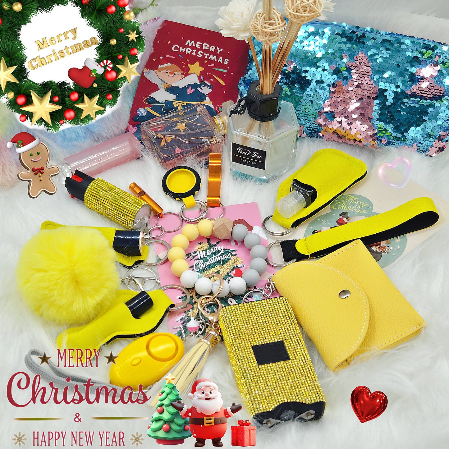 BATUMEYE Gift Set for Woman with Pom Pom Ball, Lip Balm Lanyard, Card Holder, Whistle, Travel Bottle Holder, BottleOpen Dia-Yellow