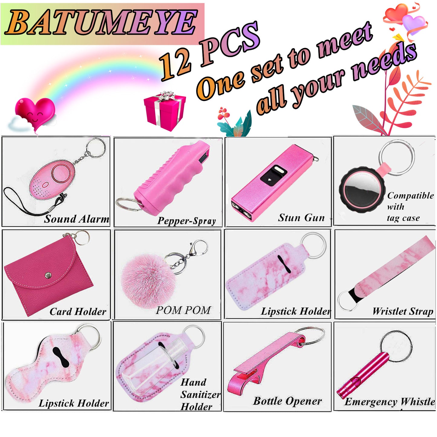 BATUMEYE Gift Set for Woman with Pom Pom Ball, Lip Balm Lanyard, Card Holder, Whistle, Travel Bottle Holder, BottleOpen Marble Pink