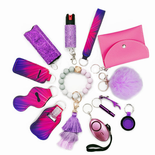 BATUMEYE Gift Set for Woman with Pom Pom Ball, Lip Balm Lanyard, Card Holder, Whistle, Travel Bottle Holder, BottleOpen Dia-Linear-Purple